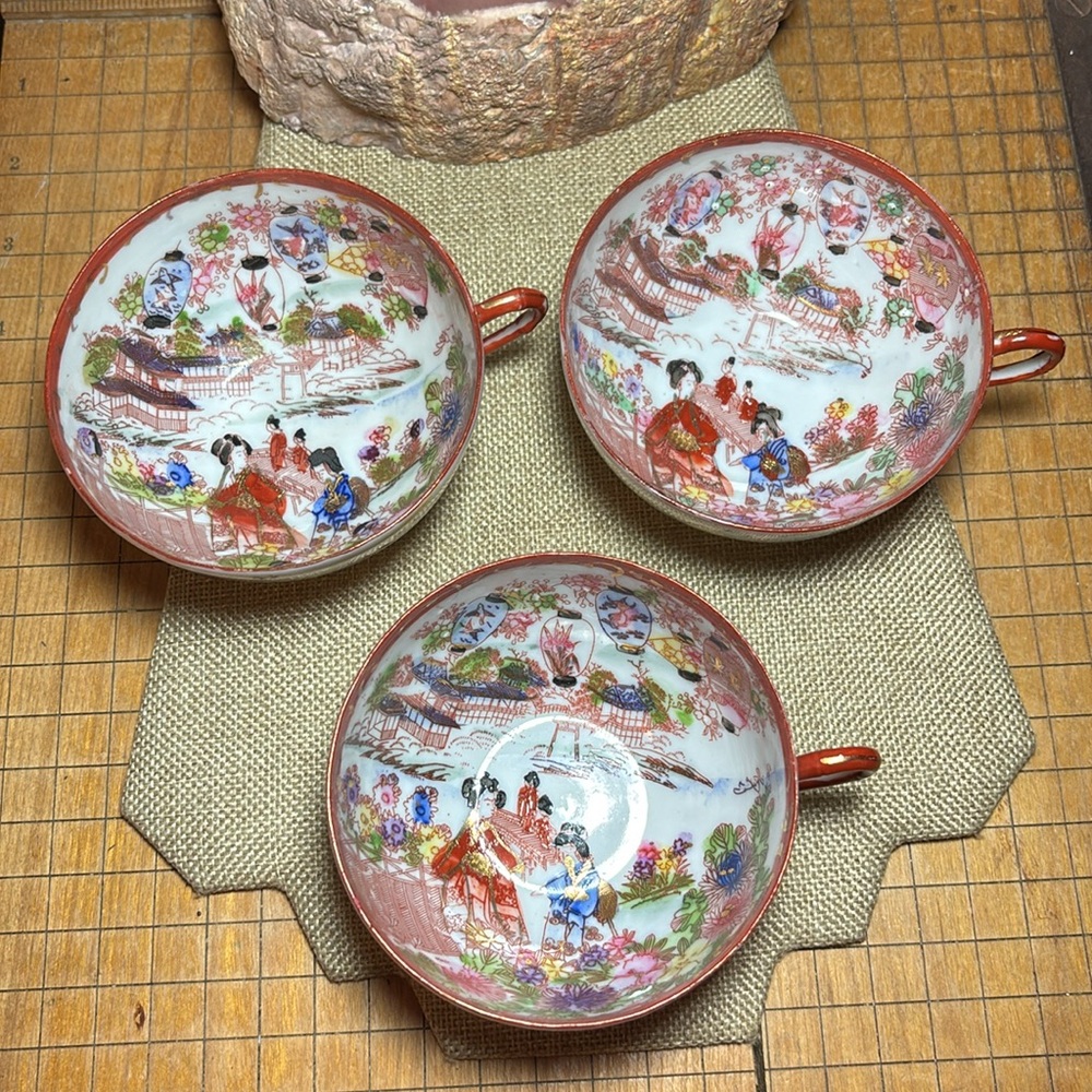 Geishaware Pattern Floral Porcelain Teacup Set of 3 Orange Red Accents Vintage